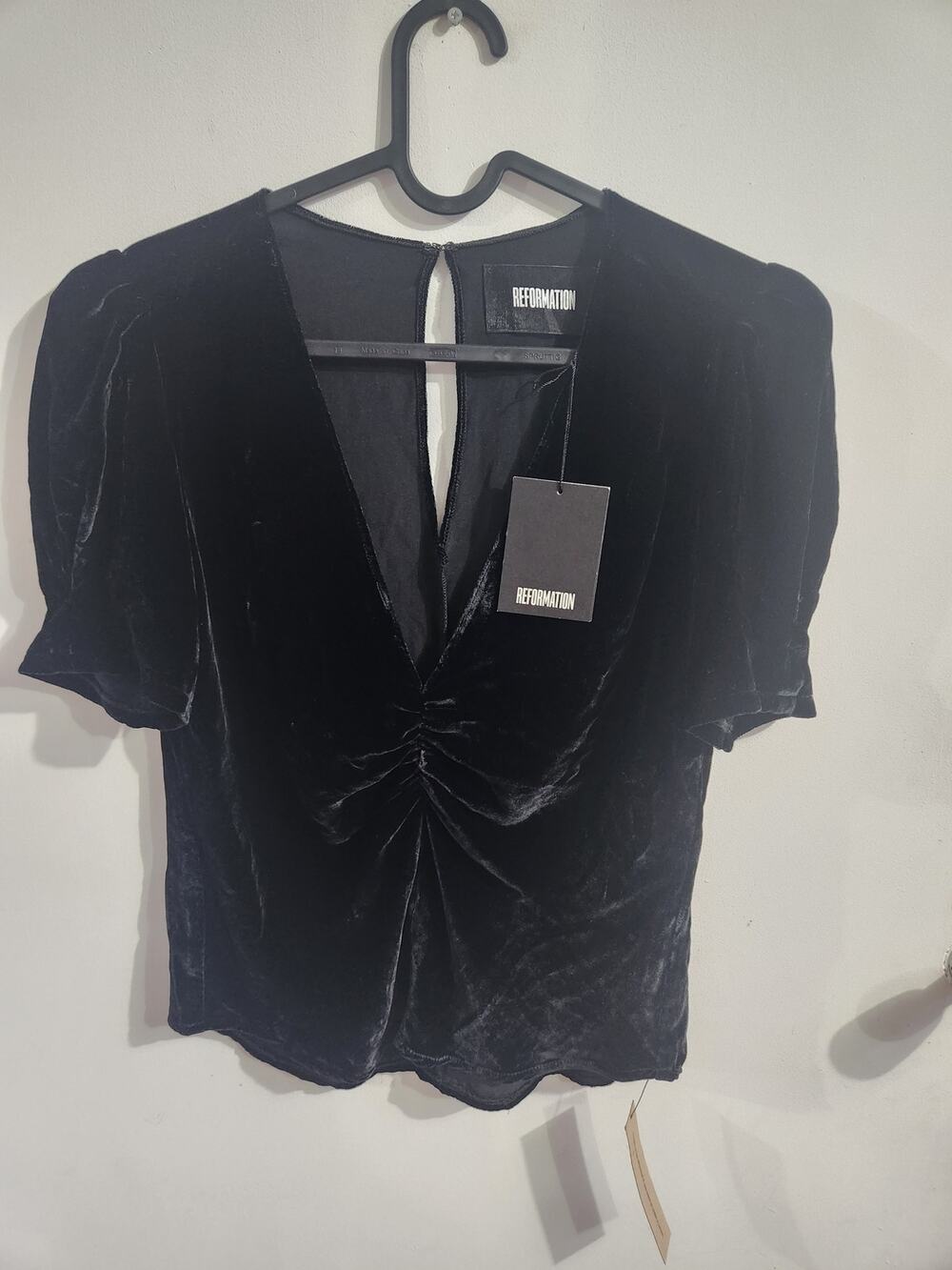 Reformation black velvet puff short sleeve v neck blouse S NwT
